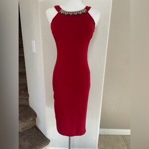 Foreign Exchange Red Jewel Neck Midi Dress | Keyhole Back S